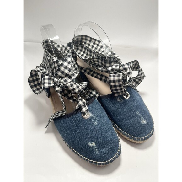 Miu Miu Tie Up Espadrille Flats Sandals Flats Denim w/ Gingham Ribbon Sz 37 7